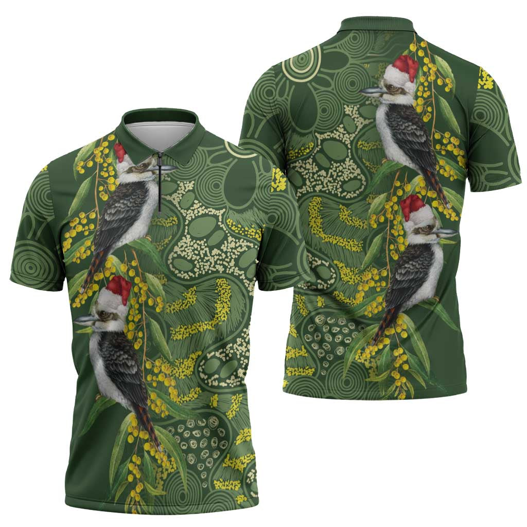 Aussie Kokaburra Golden Wattle Christmas Zipper Polo Shirt Aboriginal Dots Painting Green Motif - Aussie Hoodie
