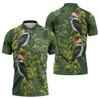 Aussie Kokaburra Golden Wattle Christmas Zipper Polo Shirt Aboriginal Dots Painting Green Motif - Aussie Hoodie