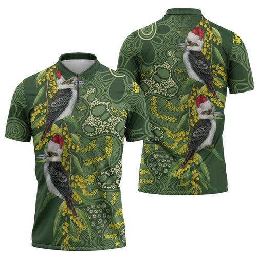 Aussie Kokaburra Golden Wattle Christmas Zipper Polo Shirt Aboriginal Dots Painting Green Motif - Aussie Hoodie
