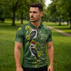Aussie Kokaburra Golden Wattle Christmas Zipper Polo Shirt Aboriginal Dots Painting Green Motif - Aussie Hoodie