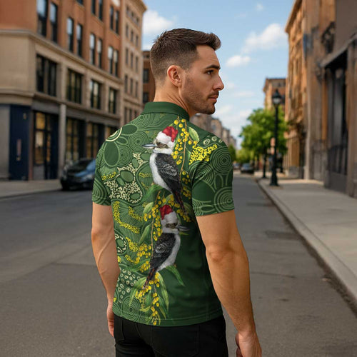 Aussie Kokaburra Golden Wattle Christmas Zipper Polo Shirt Aboriginal Dots Painting Green Motif - Aussie Hoodie