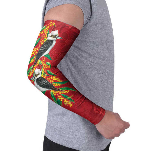 Aussie Kokaburra Golden Wattle Christmas Arm Sleeves Aboriginal Dots Painting Red Motif - Aussie Hoodie