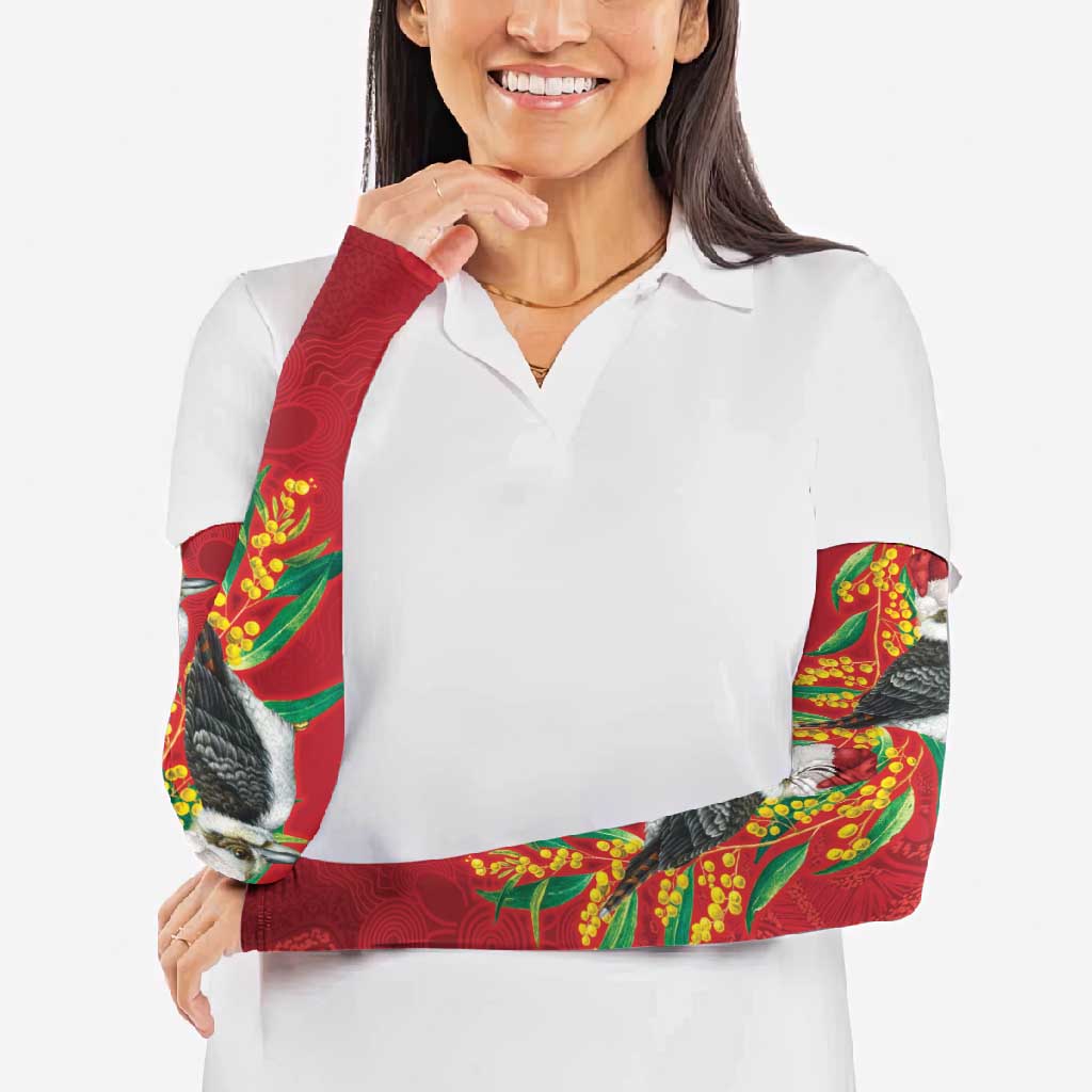 Aussie Kokaburra Golden Wattle Christmas Arm Sleeves Aboriginal Dots Painting Red Motif - Aussie Hoodie