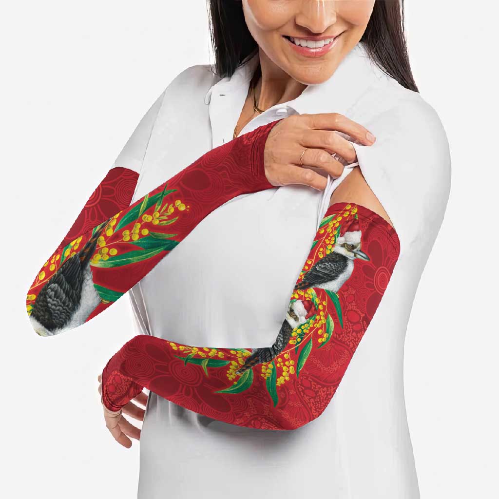 Aussie Kokaburra Golden Wattle Christmas Arm Sleeves Aboriginal Dots Painting Red Motif - Aussie Hoodie