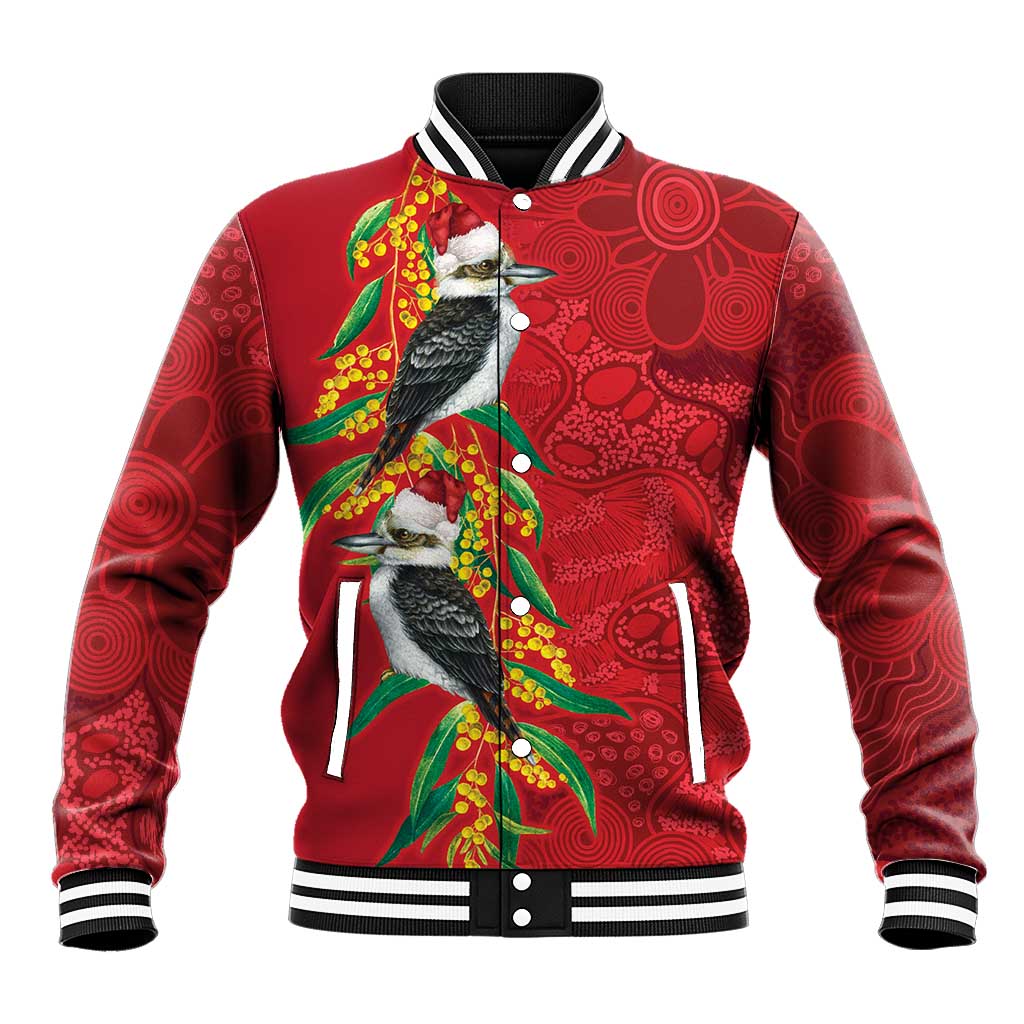 Aussie Kokaburra Golden Wattle Christmas Baseball Jacket Aboriginal Dots Painting Red Motif - Aussie Hoodie