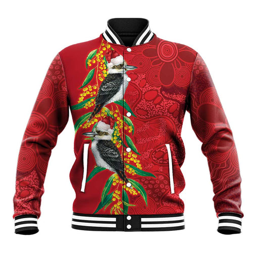 Aussie Kokaburra Golden Wattle Christmas Baseball Jacket Aboriginal Dots Painting Red Motif - Aussie Hoodie