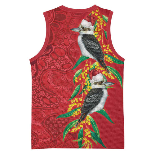 Aussie Kokaburra Golden Wattle Christmas Basketball Jersey Aboriginal Dots Painting Red Motif - Aussie Hoodie