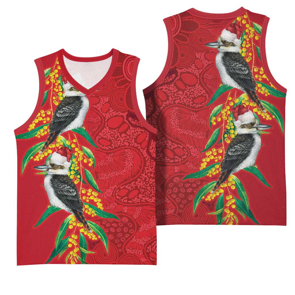 Aussie Kokaburra Golden Wattle Christmas Basketball Jersey Aboriginal Dots Painting Red Motif - Aussie Hoodie