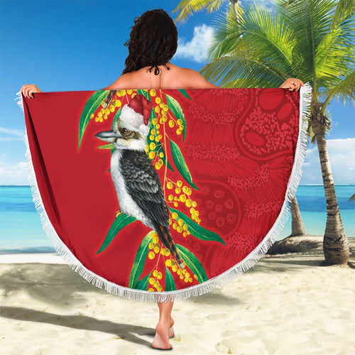 Aussie Kokaburra Golden Wattle Christmas Beach Blanket Aboriginal Dots Painting Red Motif - Aussie Hoodie