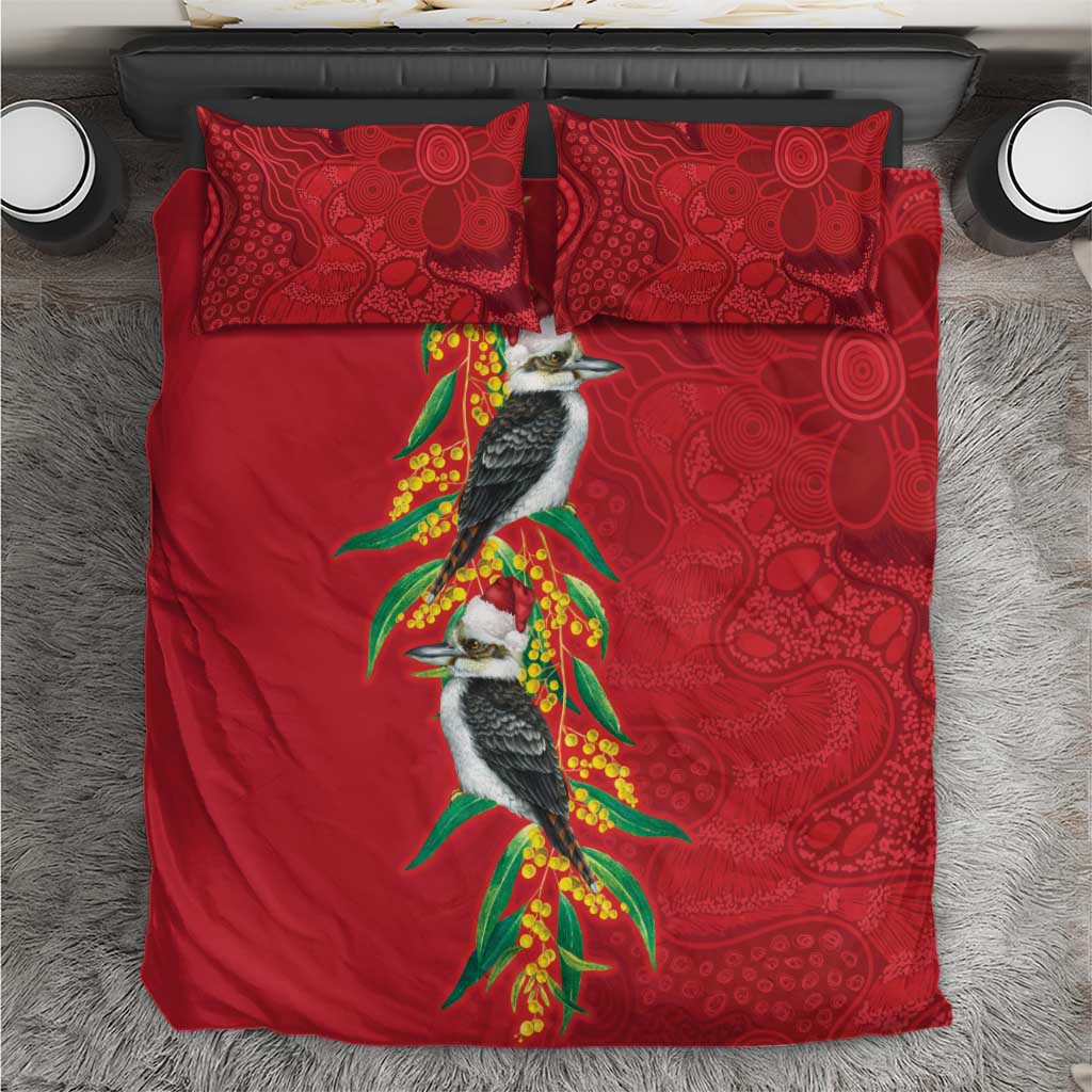 Aussie Kokaburra Golden Wattle Christmas Bedding Set Aboriginal Dots Painting Red Motif - Aussie Hoodie