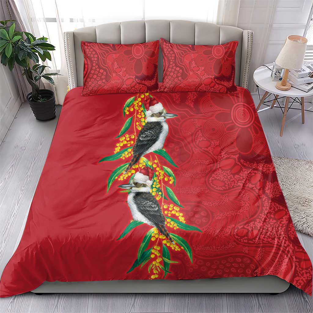 Aussie Kokaburra Golden Wattle Christmas Bedding Set Aboriginal Dots Painting Red Motif - Aussie Hoodie