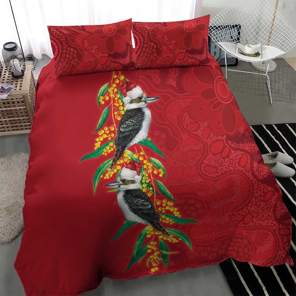 Aussie Kokaburra Golden Wattle Christmas Bedding Set Aboriginal Dots Painting Red Motif - Aussie Hoodie