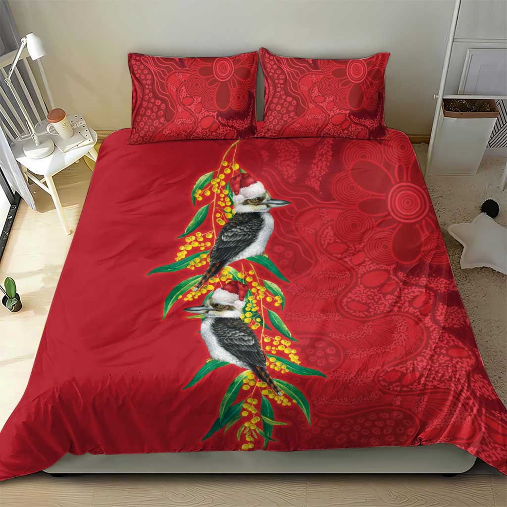 Aussie Kokaburra Golden Wattle Christmas Bedding Set Aboriginal Dots Painting Red Motif - Aussie Hoodie