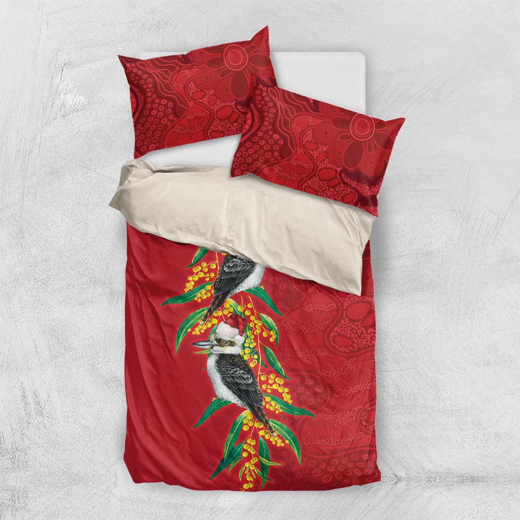 Aussie Kokaburra Golden Wattle Christmas Bedding Set Aboriginal Dots Painting Red Motif - Aussie Hoodie