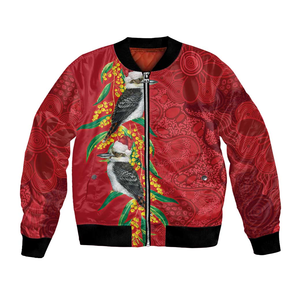 Aussie Kokaburra Golden Wattle Christmas Bomber Jacket Aboriginal Dots Painting Red Motif - Aussie Hoodie