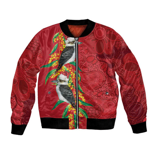 Aussie Kokaburra Golden Wattle Christmas Bomber Jacket Aboriginal Dots Painting Red Motif - Aussie Hoodie