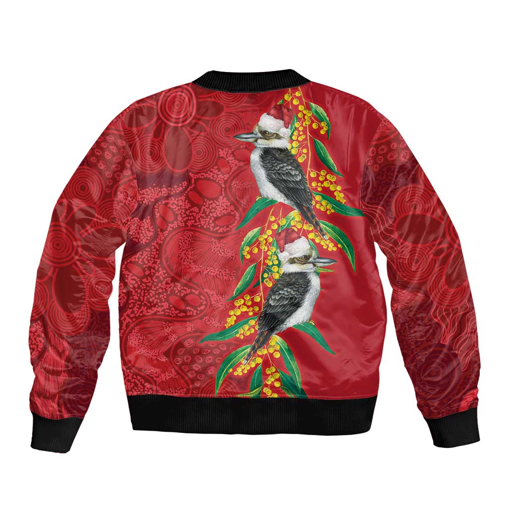 Aussie Kokaburra Golden Wattle Christmas Bomber Jacket Aboriginal Dots Painting Red Motif - Aussie Hoodie