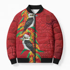 Aussie Kokaburra Golden Wattle Christmas Bomber Puffer Jacket Aboriginal Dots Painting Red Motif - Aussie Hoodie