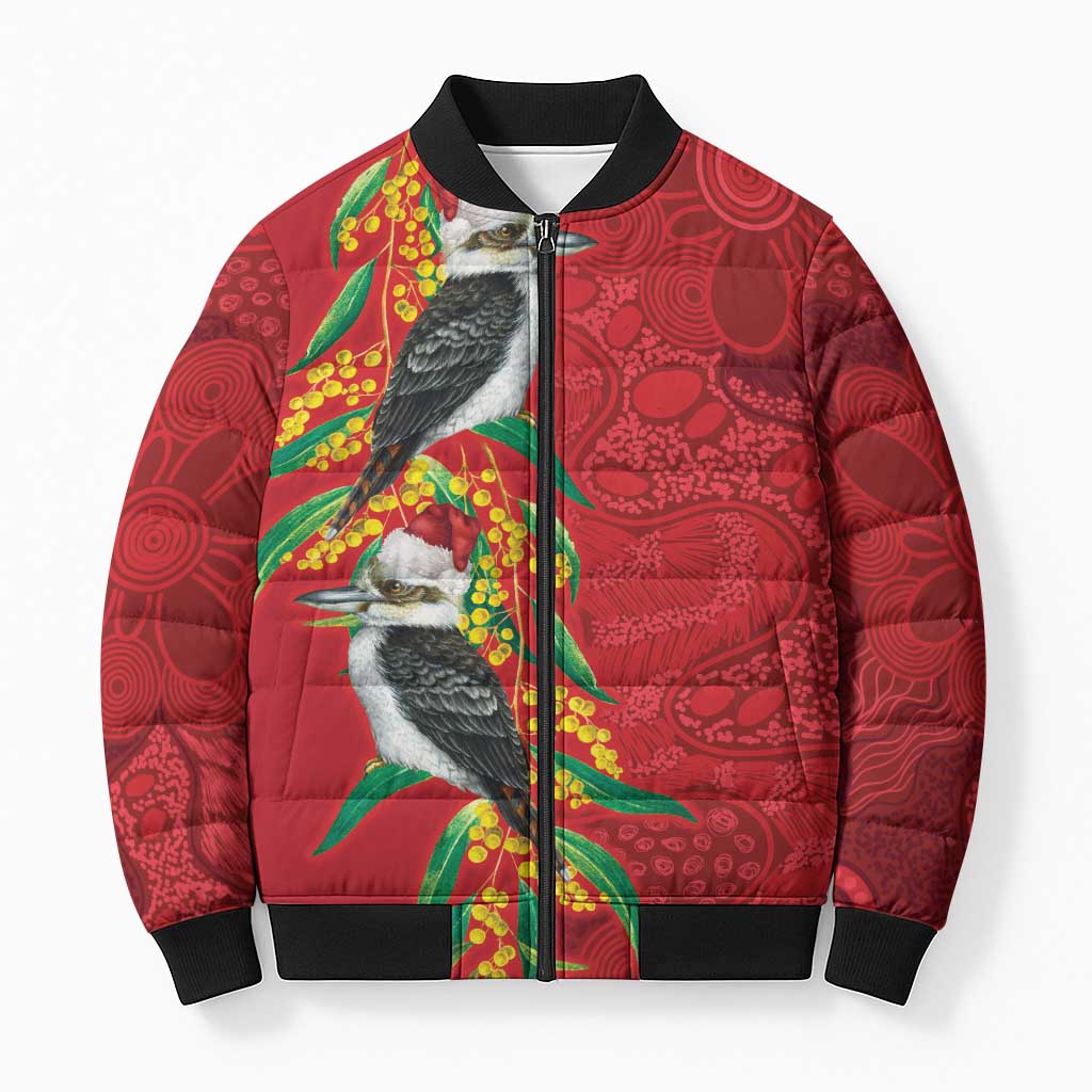 Aussie Kokaburra Golden Wattle Christmas Bomber Puffer Jacket Aboriginal Dots Painting Red Motif - Aussie Hoodie