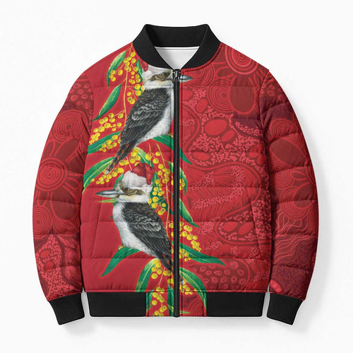 Aussie Kokaburra Golden Wattle Christmas Bomber Puffer Jacket Aboriginal Dots Painting Red Motif - Aussie Hoodie