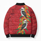 Aussie Kokaburra Golden Wattle Christmas Bomber Puffer Jacket Aboriginal Dots Painting Red Motif - Aussie Hoodie