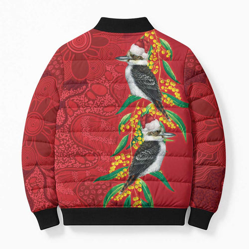 Aussie Kokaburra Golden Wattle Christmas Bomber Puffer Jacket Aboriginal Dots Painting Red Motif - Aussie Hoodie