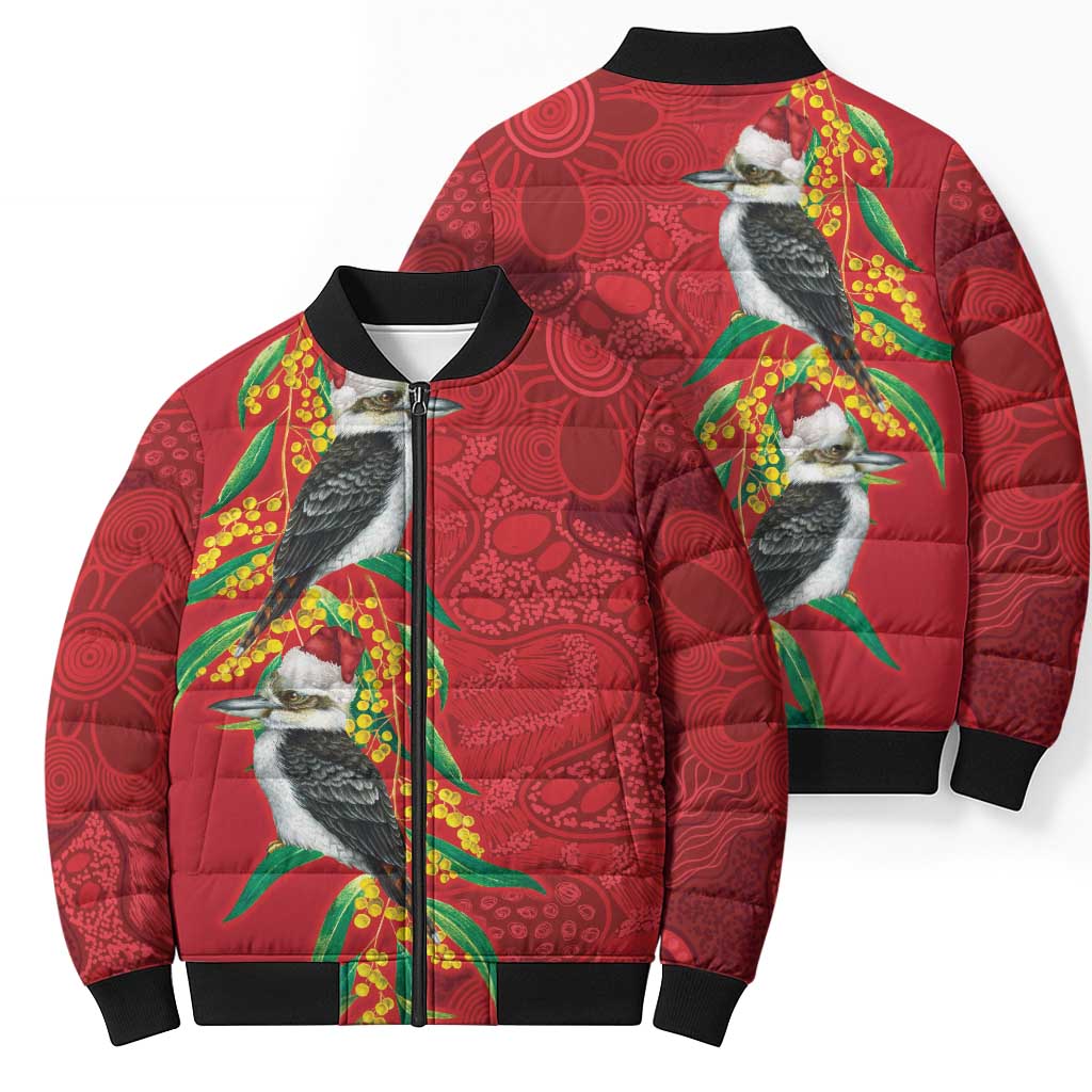 Aussie Kokaburra Golden Wattle Christmas Bomber Puffer Jacket Aboriginal Dots Painting Red Motif - Aussie Hoodie
