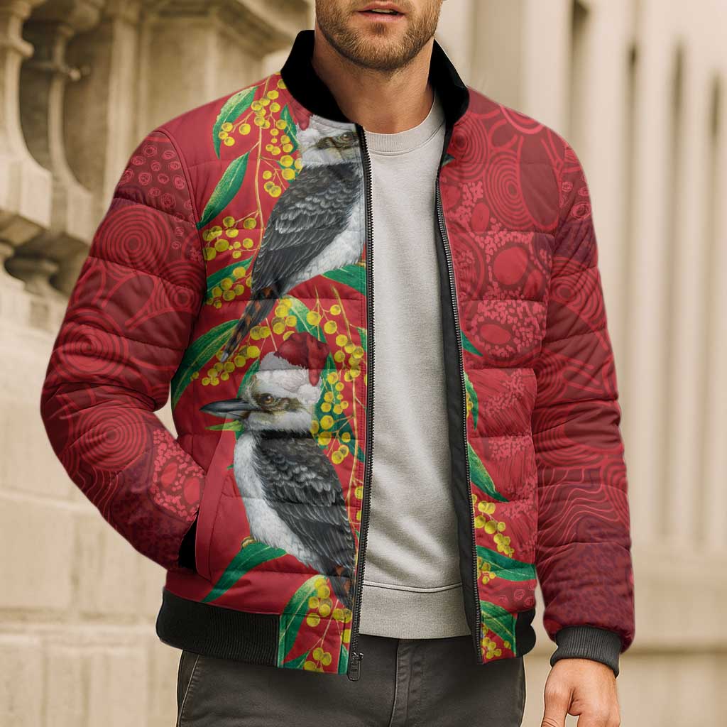 Aussie Kokaburra Golden Wattle Christmas Bomber Puffer Jacket Aboriginal Dots Painting Red Motif - Aussie Hoodie
