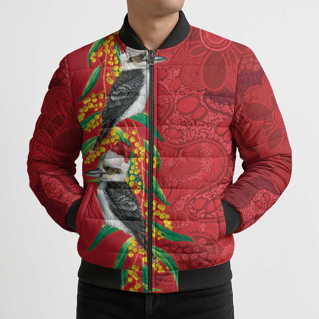 Aussie Kokaburra Golden Wattle Christmas Bomber Puffer Jacket Aboriginal Dots Painting Red Motif - Aussie Hoodie