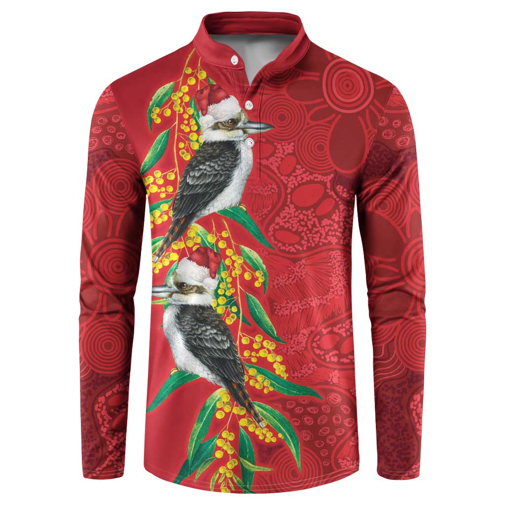 Aussie Kokaburra Golden Wattle Christmas Button Sweatshirt Aboriginal Dots Painting Red Motif - Aussie Hoodie