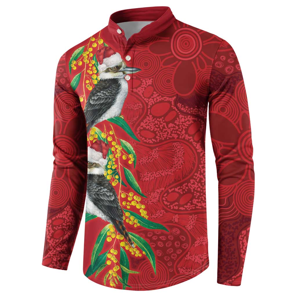 Aussie Kokaburra Golden Wattle Christmas Button Sweatshirt Aboriginal Dots Painting Red Motif - Aussie Hoodie