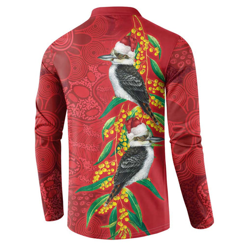 Aussie Kokaburra Golden Wattle Christmas Button Sweatshirt Aboriginal Dots Painting Red Motif - Aussie Hoodie