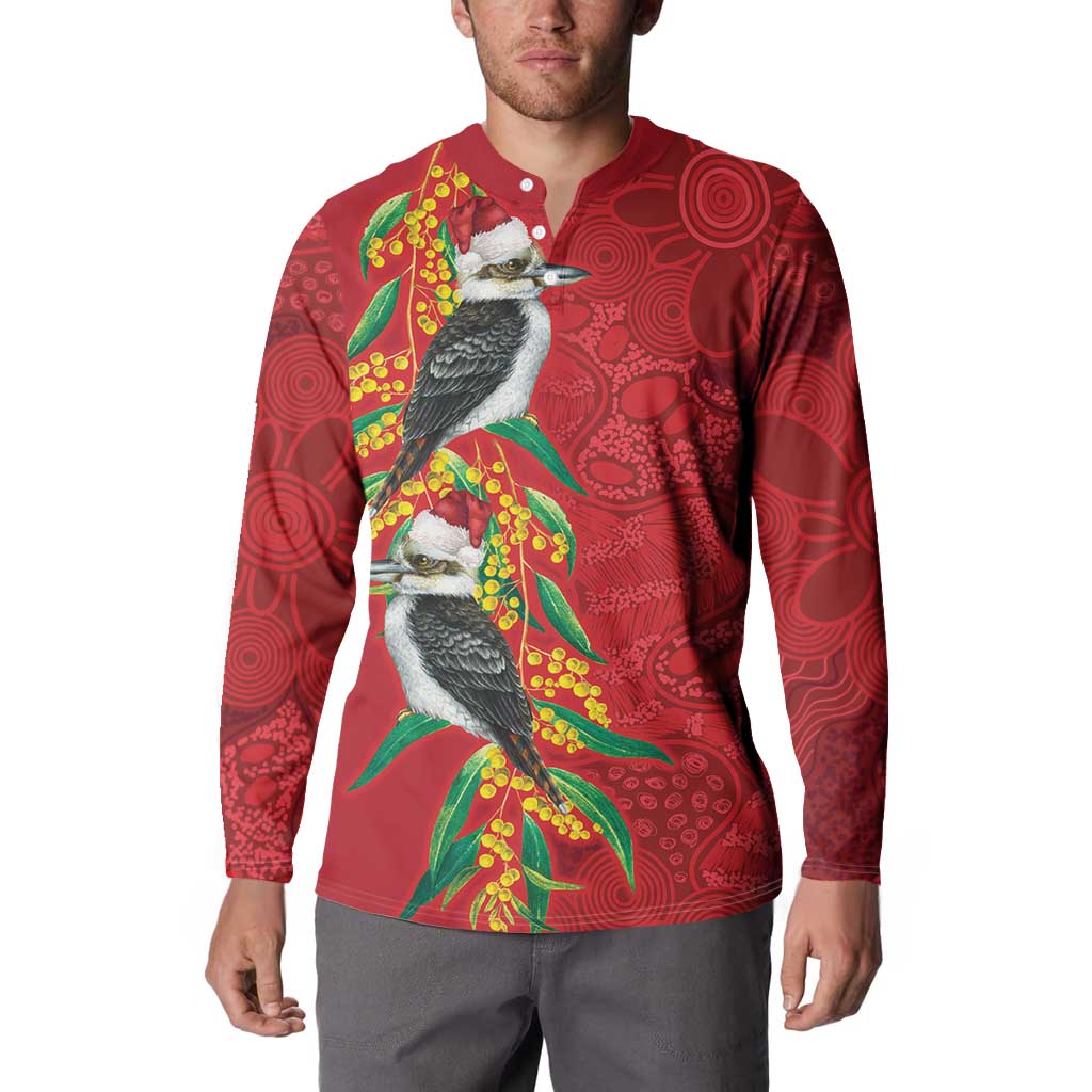 Aussie Kokaburra Golden Wattle Christmas Button Sweatshirt Aboriginal Dots Painting Red Motif - Aussie Hoodie
