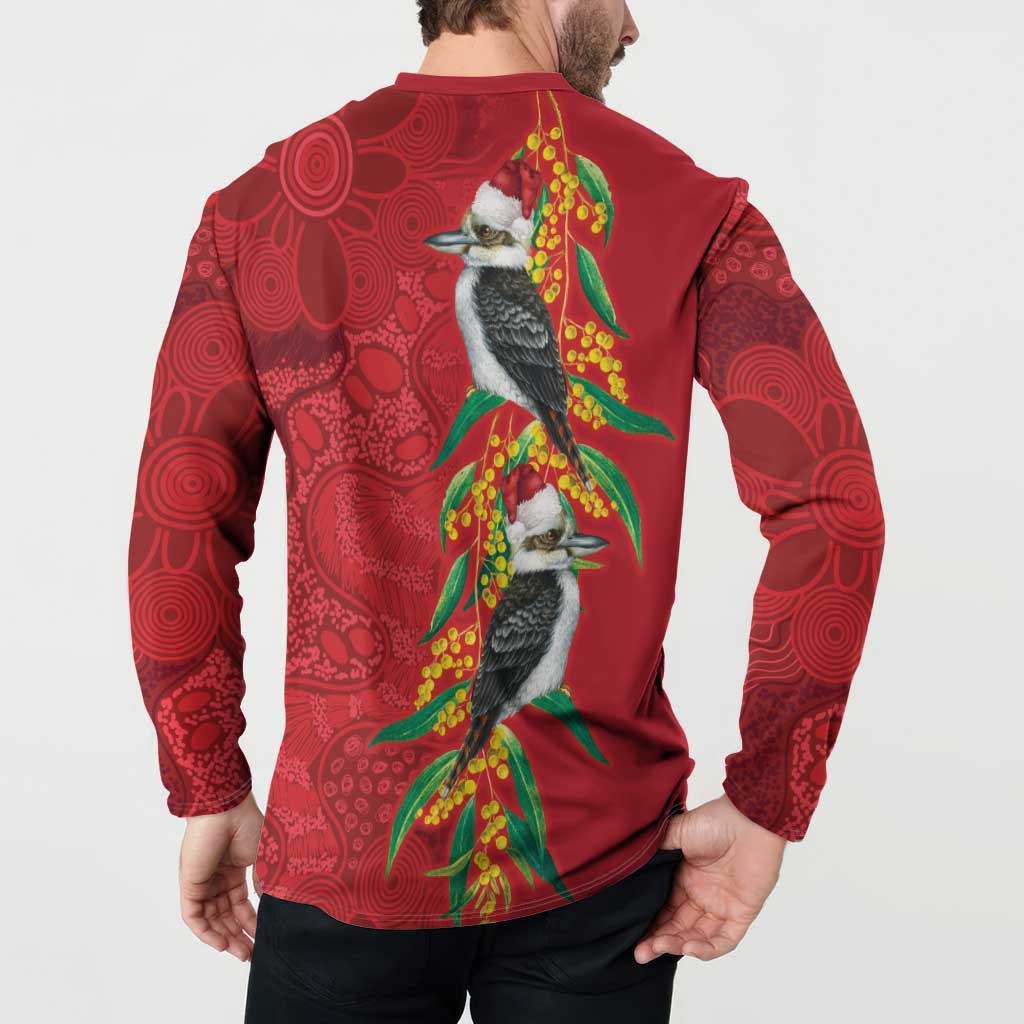 Aussie Kokaburra Golden Wattle Christmas Button Sweatshirt Aboriginal Dots Painting Red Motif - Aussie Hoodie