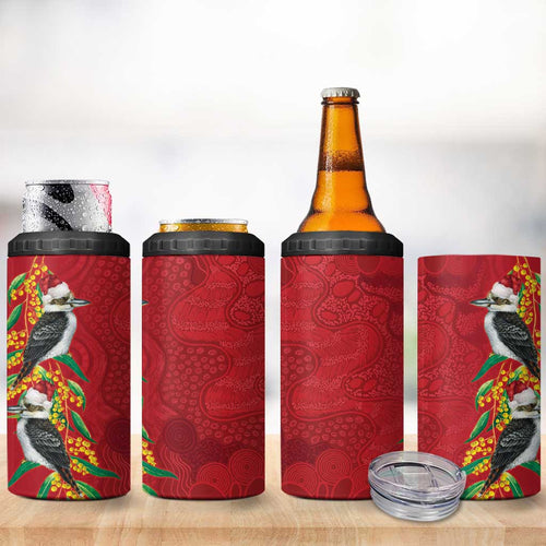 Aussie Kokaburra Golden Wattle Christmas 4 in 1 Can Cooler Tumbler Aboriginal Dots Painting Red Motif - Aussie Hoodie