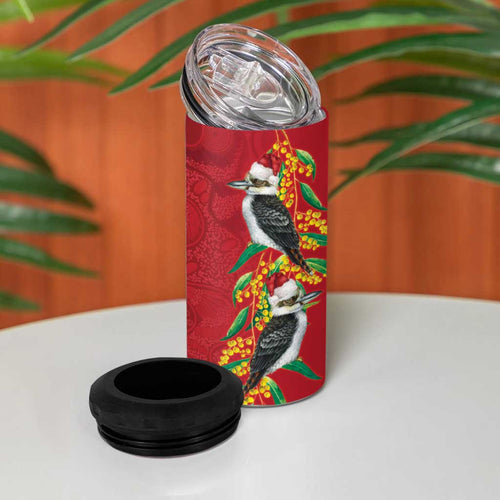 Aussie Kokaburra Golden Wattle Christmas 4 in 1 Can Cooler Tumbler Aboriginal Dots Painting Red Motif - Aussie Hoodie