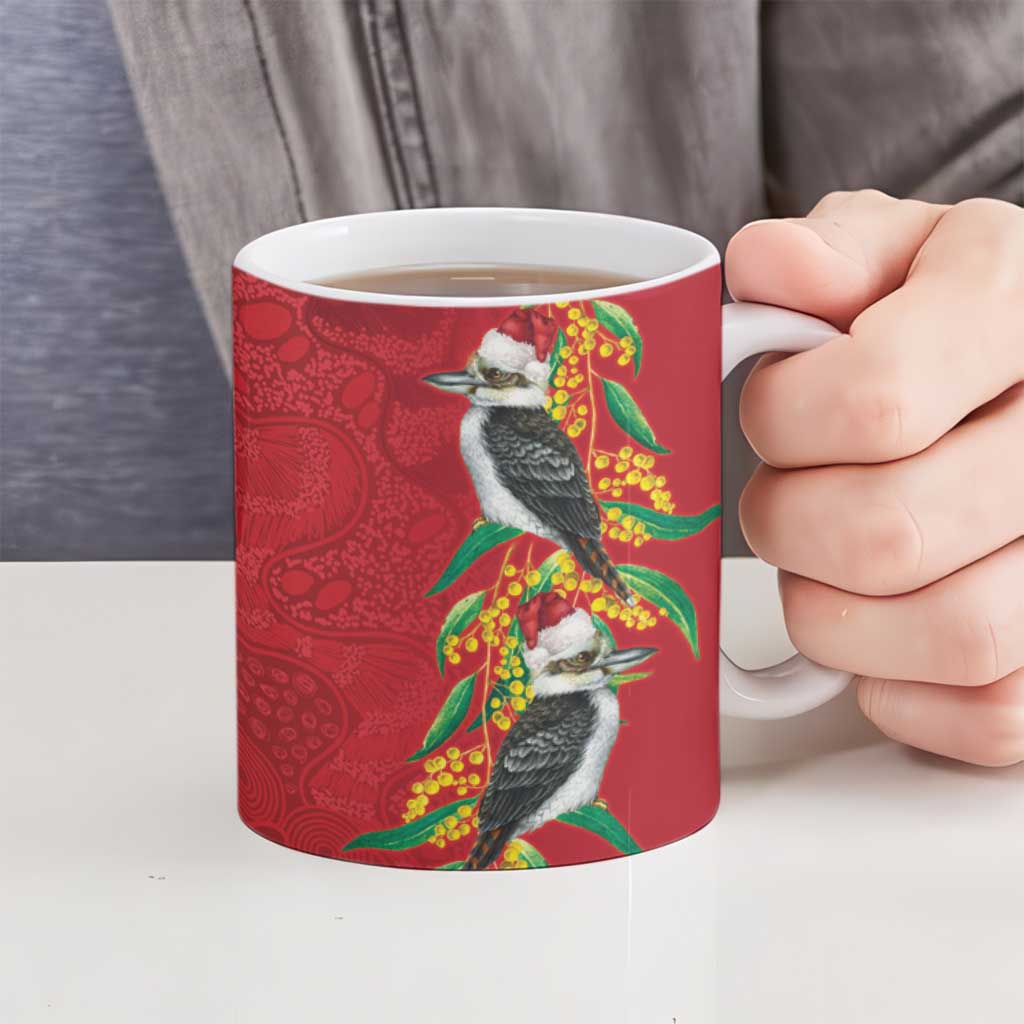 Aussie Kokaburra Golden Wattle Christmas Ceramic Mug Aboriginal Dots Painting Red Motif - Aussie Hoodie