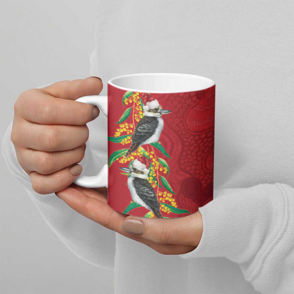 Aussie Kokaburra Golden Wattle Christmas Ceramic Mug Aboriginal Dots Painting Red Motif - Aussie Hoodie