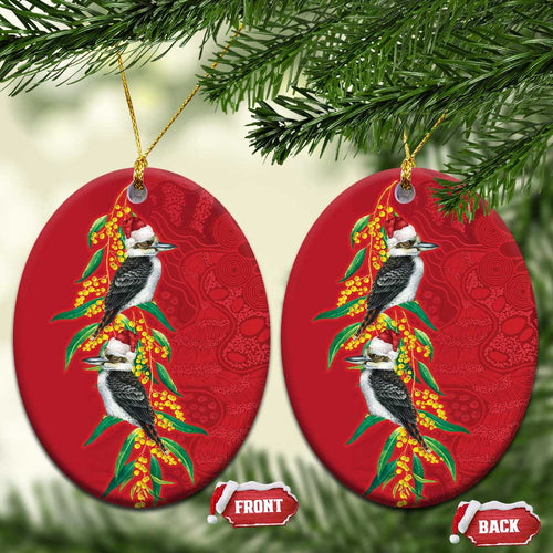 Aussie Kokaburra Golden Wattle Christmas Ceramic Ornament Aboriginal Dots Painting Red Motif - Aussie Hoodie
