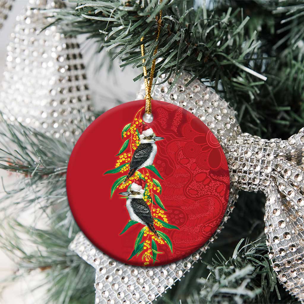 Aussie Kokaburra Golden Wattle Christmas Ceramic Ornament Aboriginal Dots Painting Red Motif - Aussie Hoodie