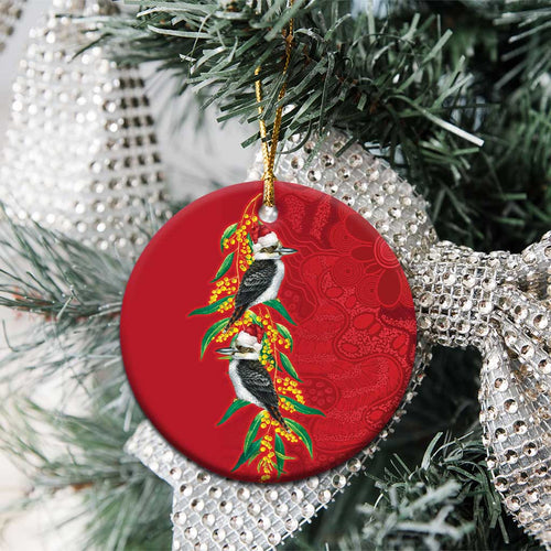 Aussie Kokaburra Golden Wattle Christmas Ceramic Ornament Aboriginal Dots Painting Red Motif - Aussie Hoodie