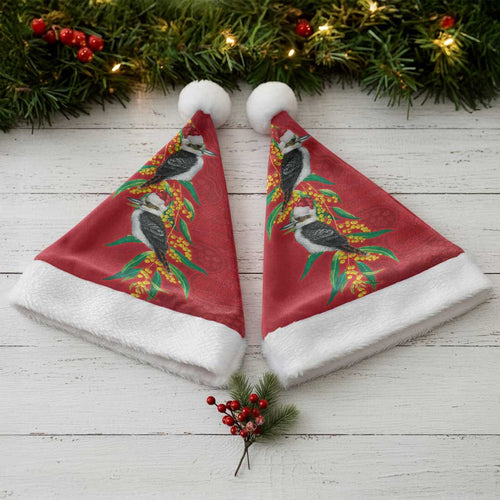 Aussie Kokaburra Golden Wattle Christmas Santa Hat Aboriginal Dots Painting Red Motif - Aussie Hoodie