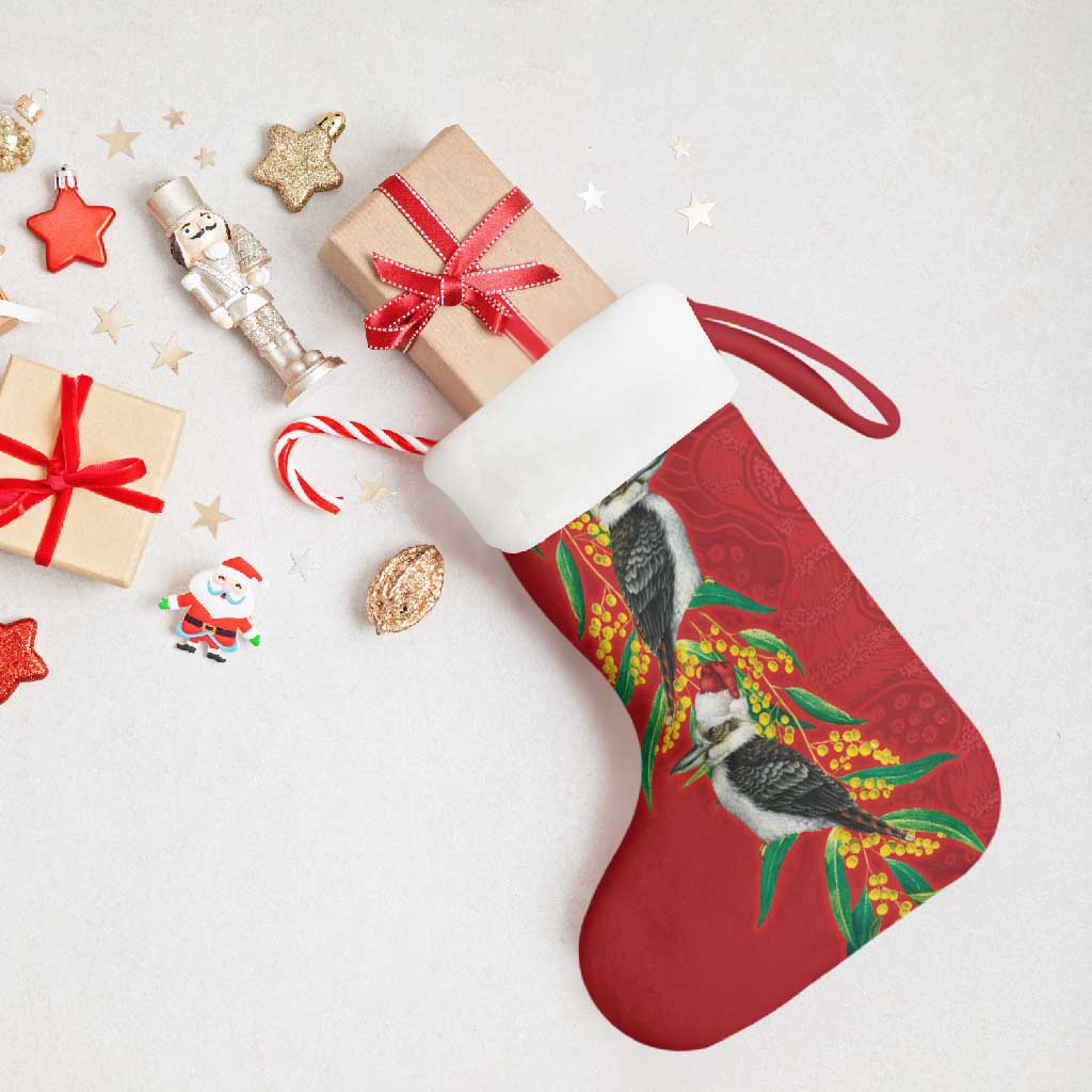 Aussie Kokaburra Golden Wattle Christmas Stocking Aboriginal Dots Painting Red Motif - Aussie Hoodie