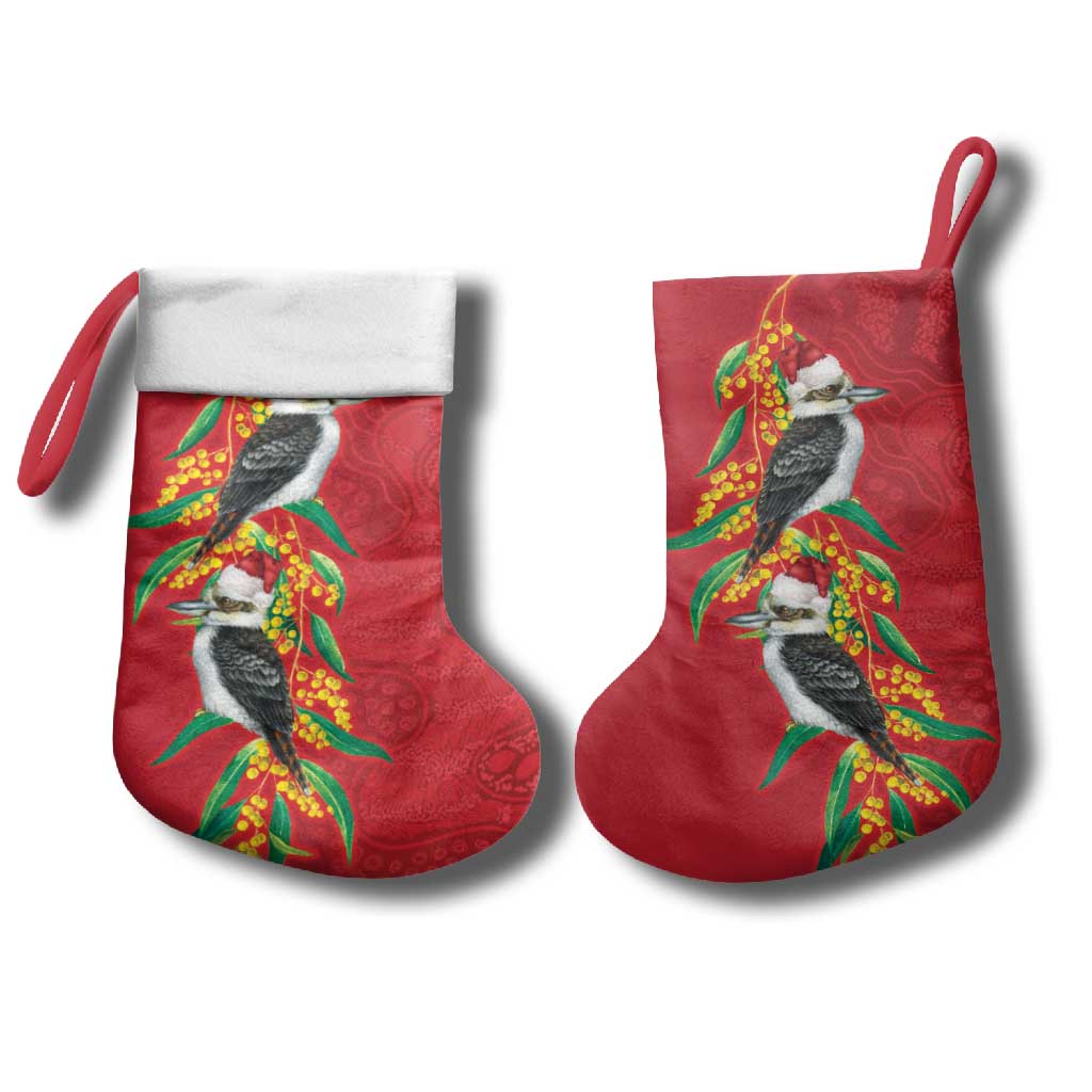 Aussie Kokaburra Golden Wattle Christmas Stocking Aboriginal Dots Painting Red Motif - Aussie Hoodie