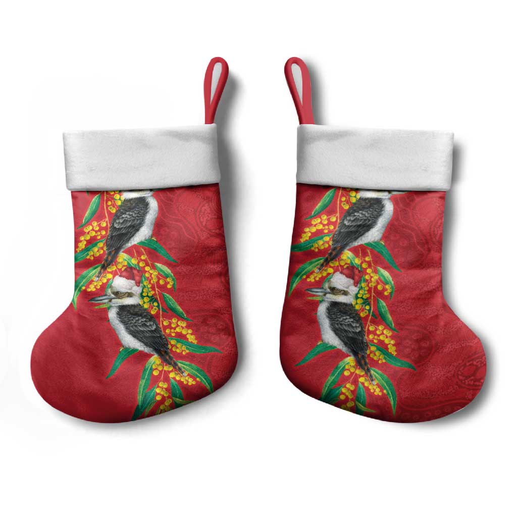 Aussie Kokaburra Golden Wattle Christmas Stocking Aboriginal Dots Painting Red Motif - Aussie Hoodie