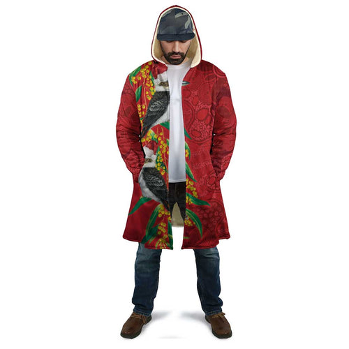 Aussie Kokaburra Golden Wattle Christmas Cloak Aboriginal Dots Painting Red Motif - Aussie Hoodie