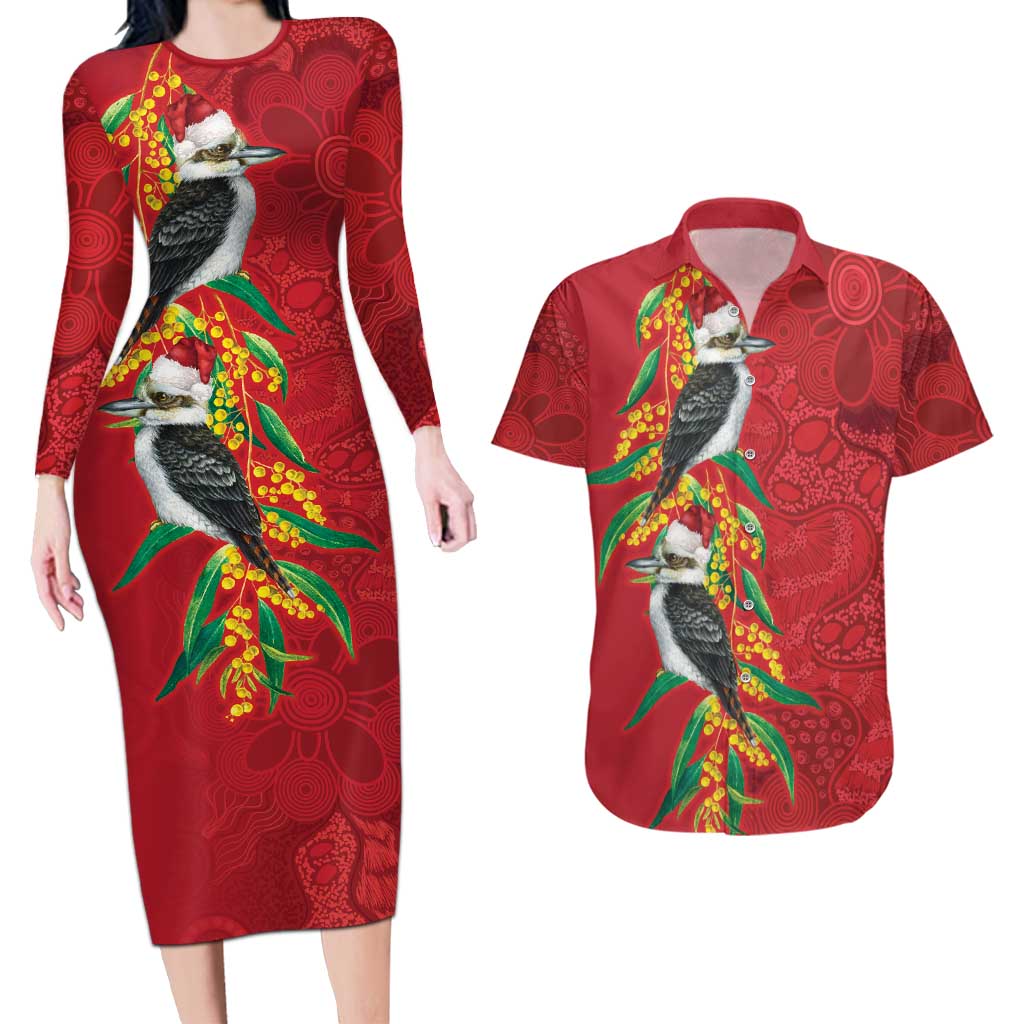 Aussie Kokaburra Golden Wattle Christmas Couples Matching Long Sleeve Bodycon Dress and Hawaiian Shirt Aboriginal Dots Painting Red Motif - Aussie Hoodie