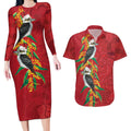 Aussie Kokaburra Golden Wattle Christmas Couples Matching Long Sleeve Bodycon Dress and Hawaiian Shirt Aboriginal Dots Painting Red Motif - Aussie Hoodie