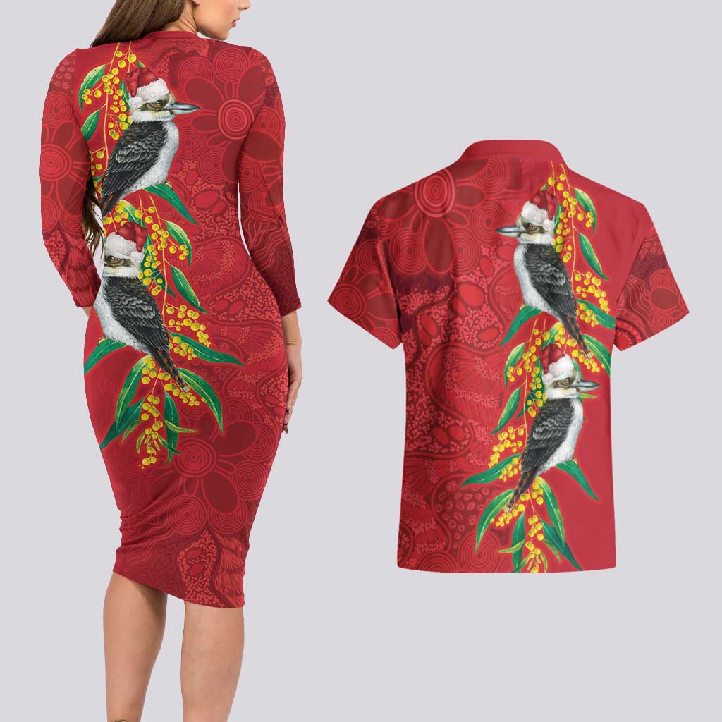 Aussie Kokaburra Golden Wattle Christmas Couples Matching Long Sleeve Bodycon Dress and Hawaiian Shirt Aboriginal Dots Painting Red Motif - Aussie Hoodie