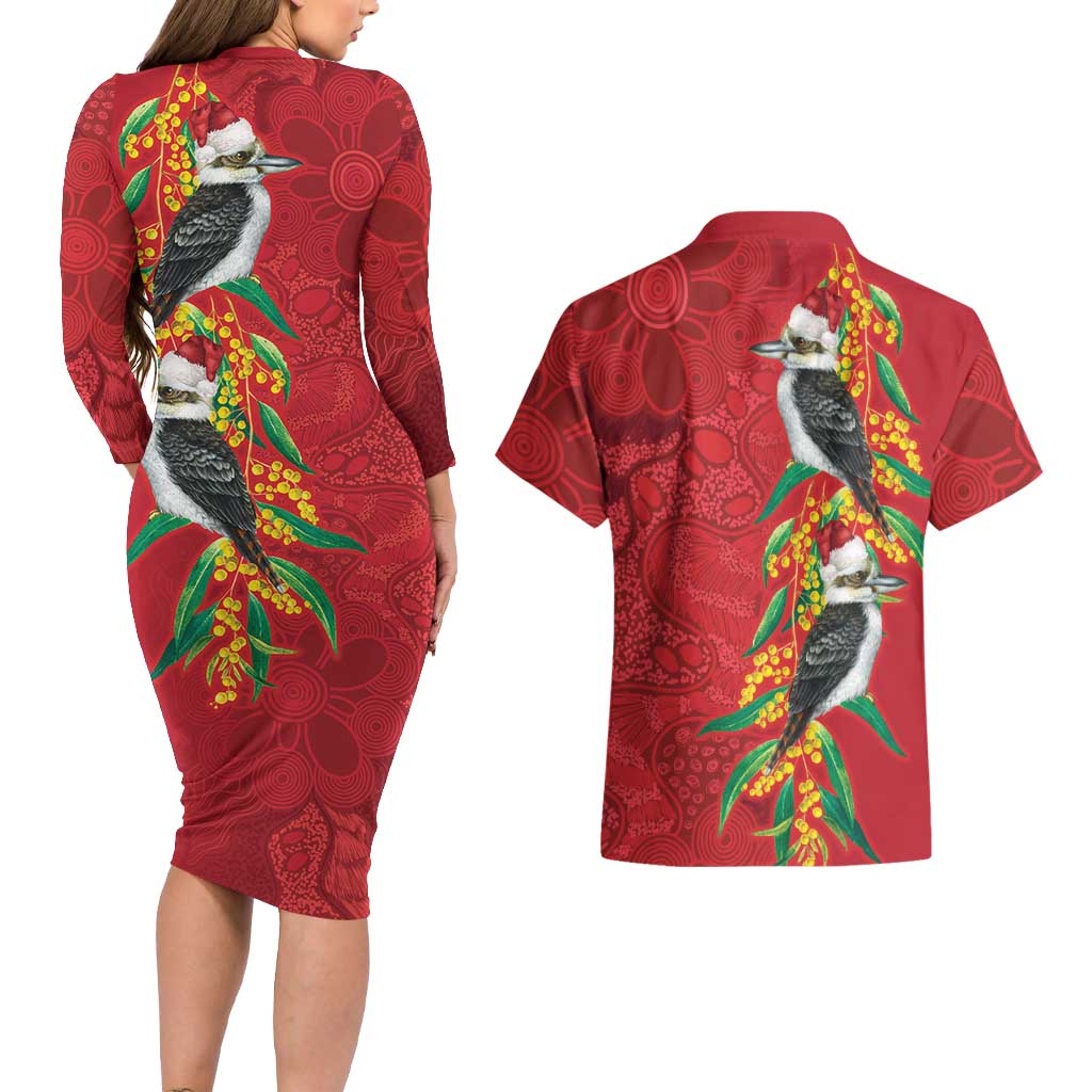 Aussie Kokaburra Golden Wattle Christmas Couples Matching Long Sleeve Bodycon Dress and Hawaiian Shirt Aboriginal Dots Painting Red Motif - Aussie Hoodie